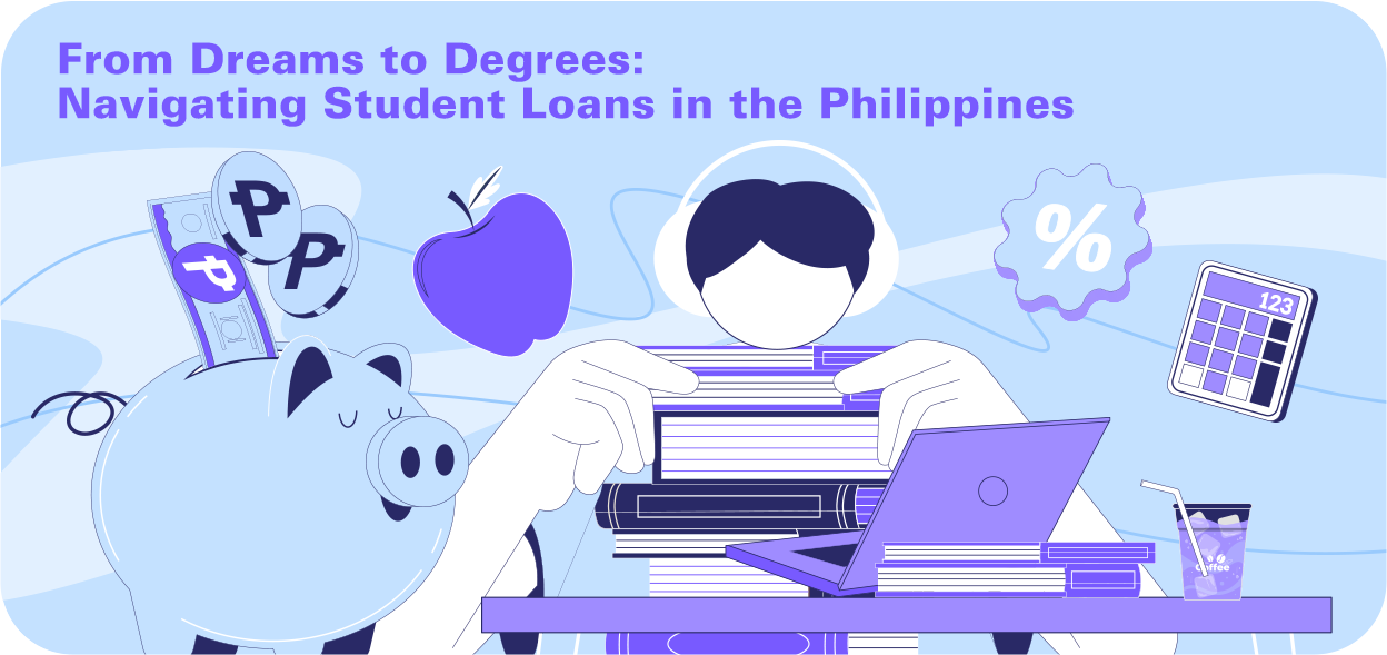 student holding a stack of books and a piggybank to represent student loans in the Philippines