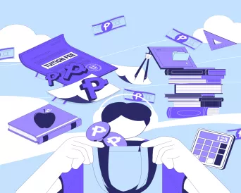 student opens his backpack to reveal symbols that represent the cost of higher education in the Philippines