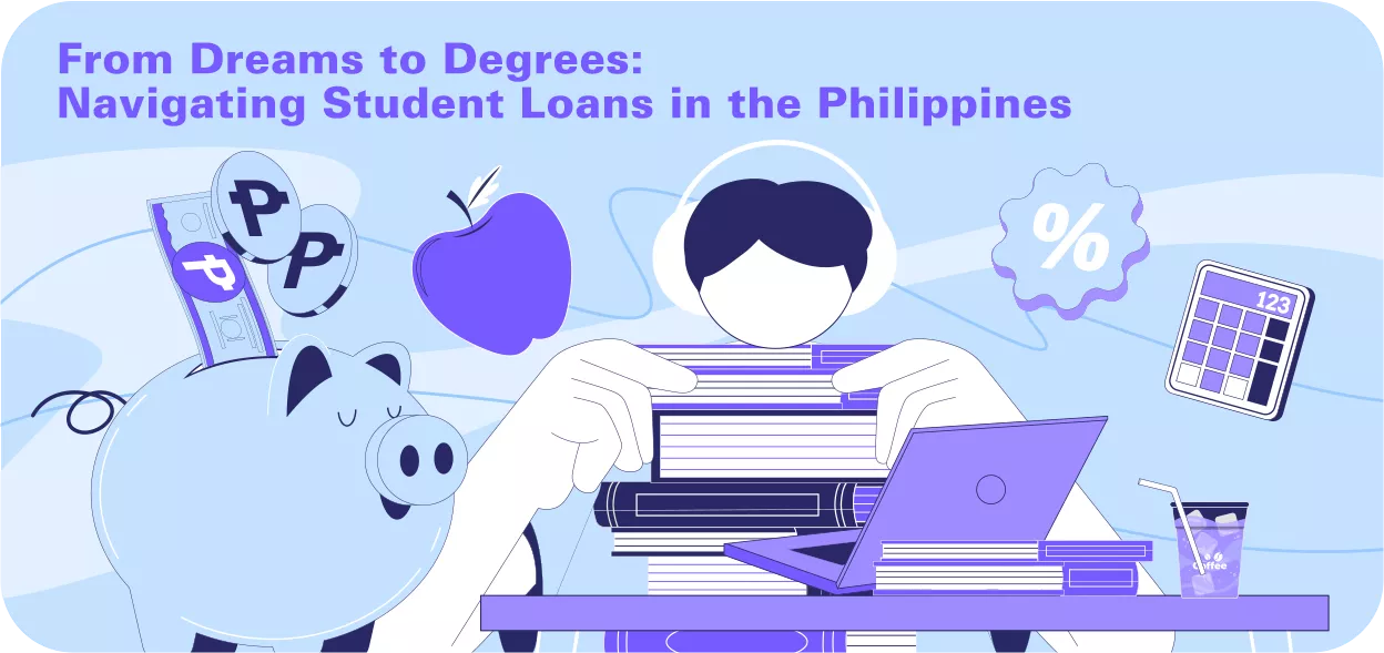 student holding a stack of books and a piggybank to represent student loans in the Philippines