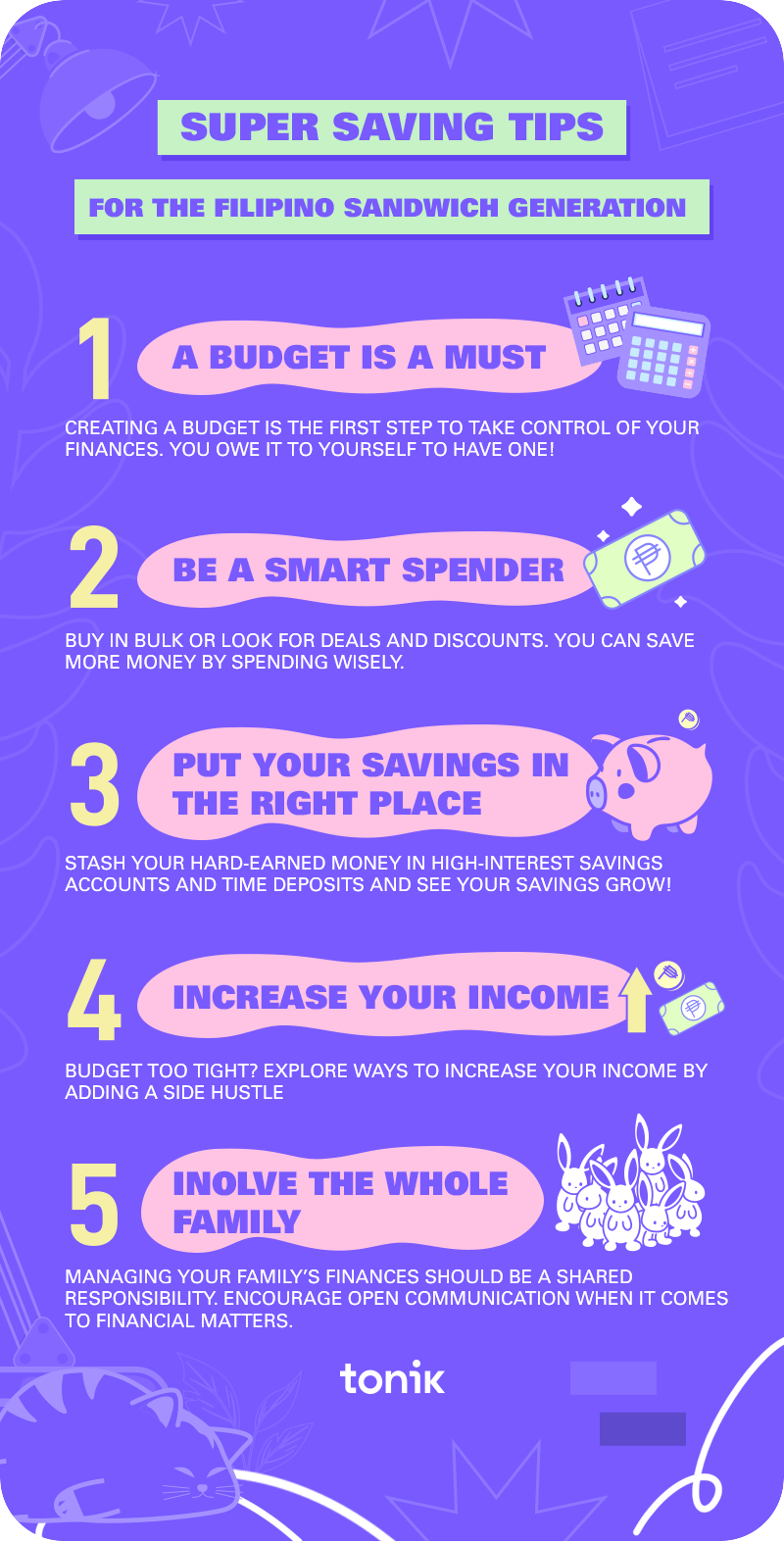Infographic showing 5 saving tips for the Filipino Sandwich Generation